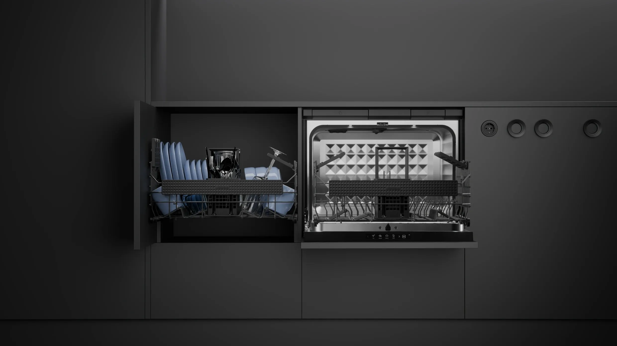 BORA Dish open next to a cabinet with the interchangeable rack system