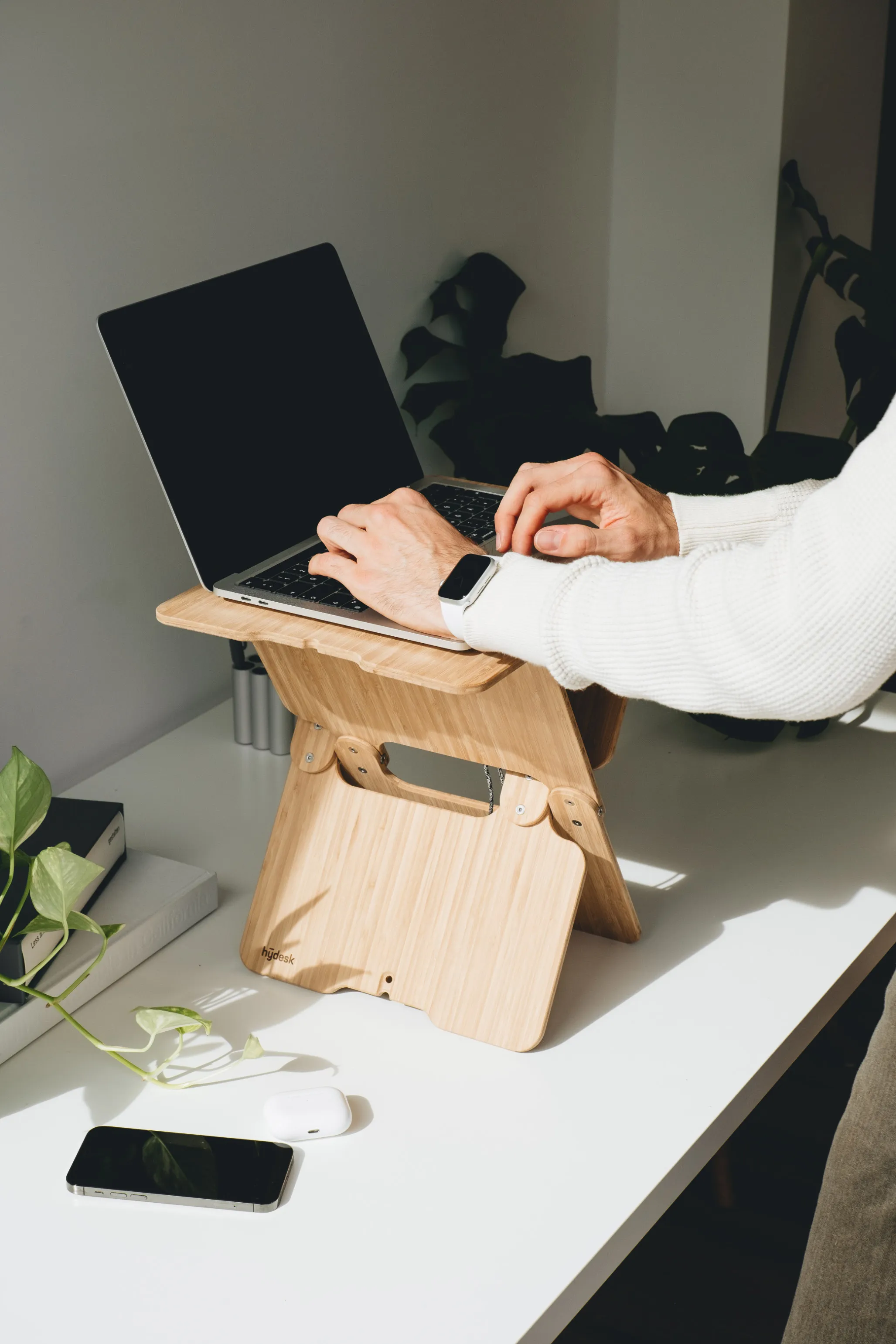 Person typing on a laptop on the hydesk