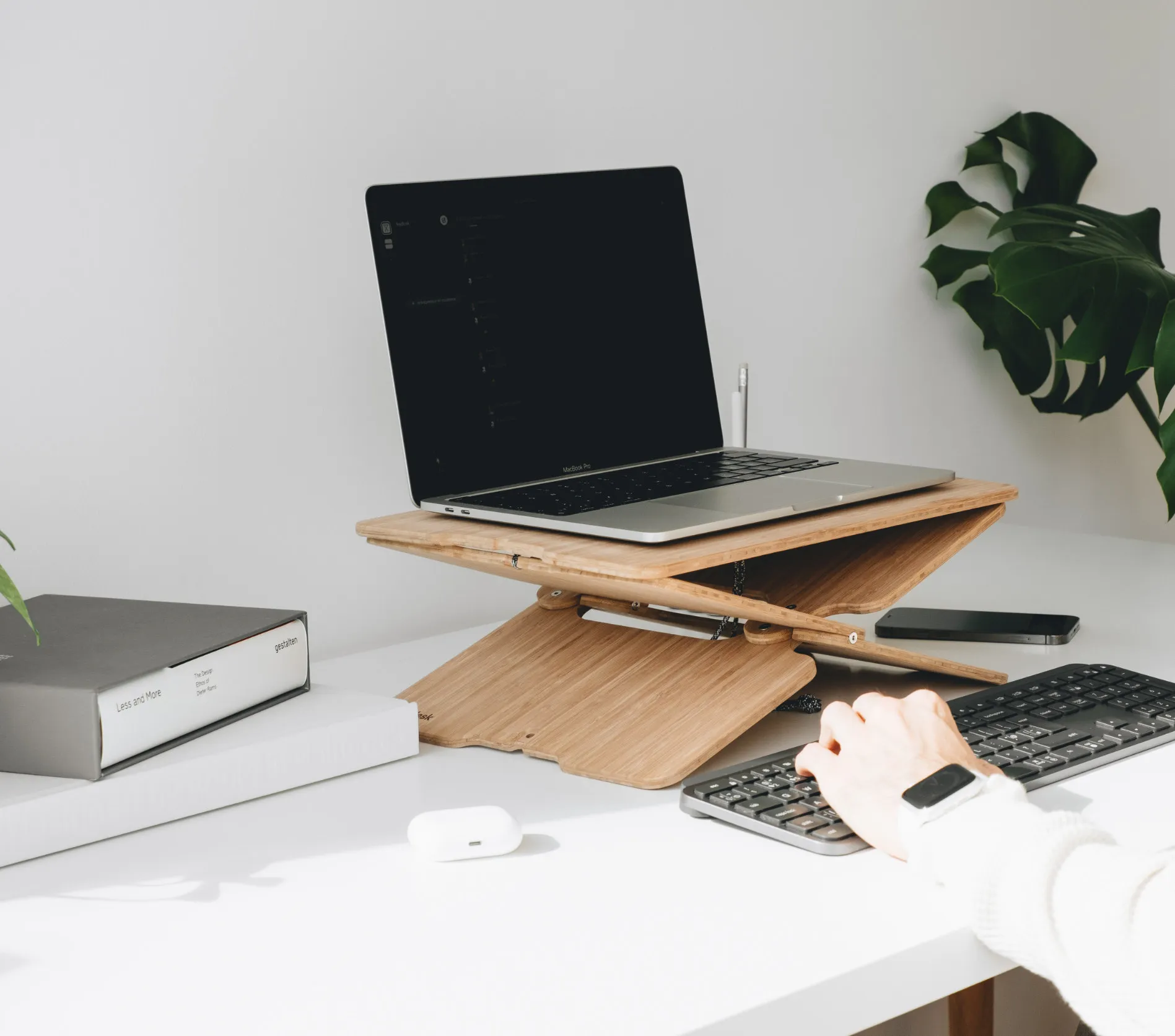 hydesk with a laptop next to a plant