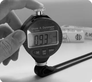 Durometer measuring the hardness of a hook prototype