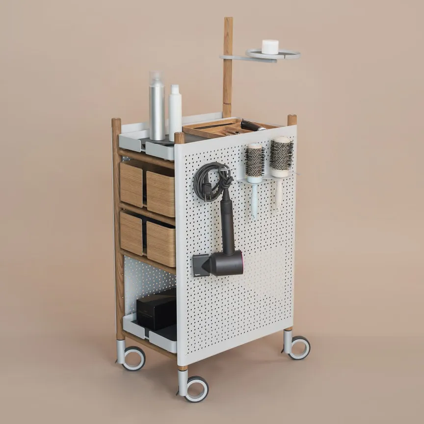 Complete hairdresser trolley with perforated panels and drawers